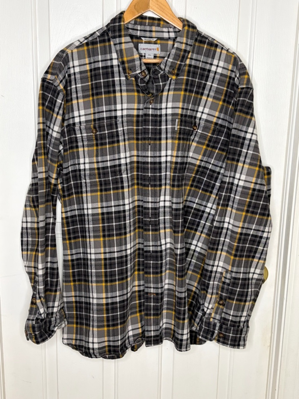 Carhartt Plaid Flannel Shirt Men 3XL Relaxed Fit Gray Yellow Workwear